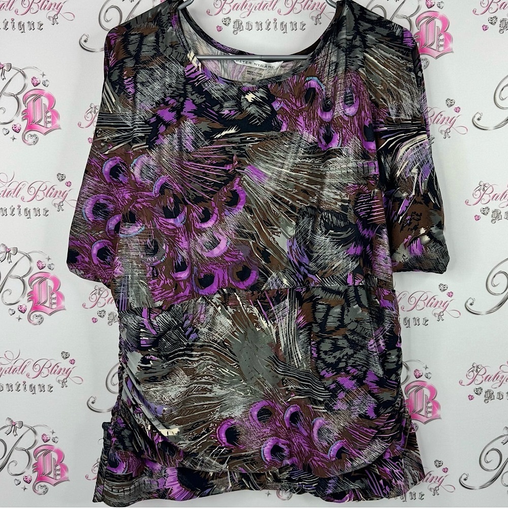 Peter Nygard blouse shirt peacock 🦚 feather shiny Multicolor Abstract Blouse